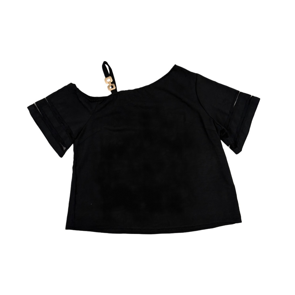 SHEIN Curve 3XL Black Asymmetrical Blouse | Off Shoulder Chain Strap Top